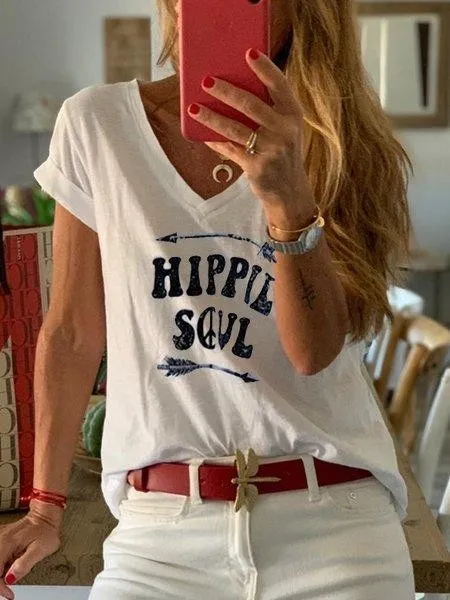 Letter Short Sleeve V Neck Shirts & Tops