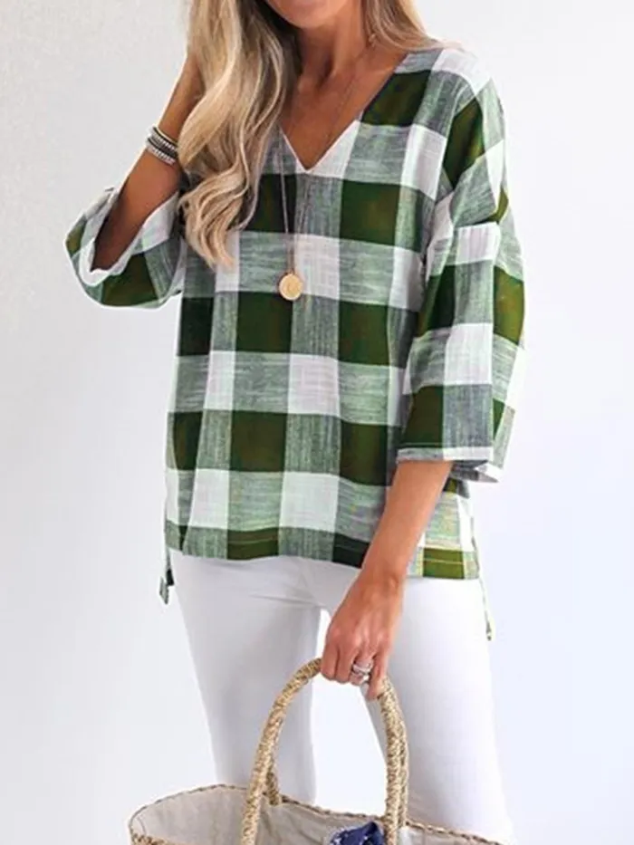 Women Casual Plaid Tops Tunic Blouse Shirt