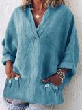 Women V Neck Thin Summer Linen Plus Size Casual Loose Tops