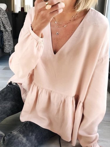Casual V Neck Long Sleeve  Solid Tops