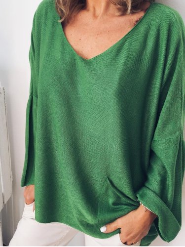 Green V Neck Pockets Long Sleeve Cotton Shirts & Tops