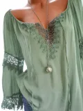 V Neck Casual Long Sleeve Cutout Paneled Lace Blouses