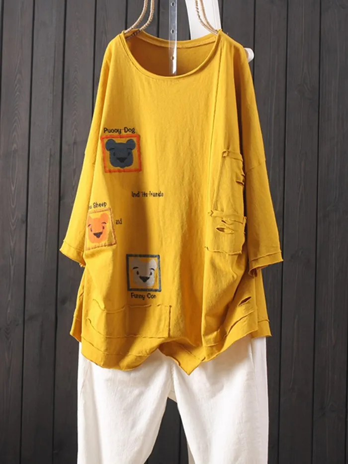 Casual 3/4 Sleeve Round Neck Plus Size Tops
