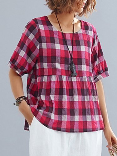 Women Short Sleeve Round Neck Vintage Plaid Floral Casual Tops