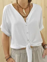 Plus Size Casual Solid V Neck Short Sleeve Shirts & Tops