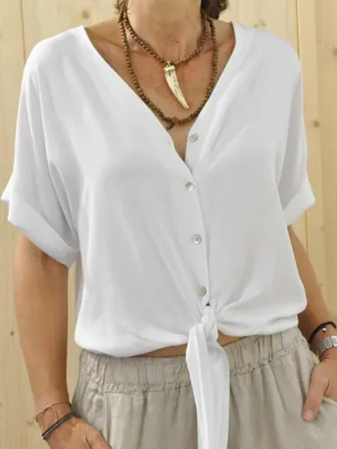 Plus Size Casual Solid V Neck Short Sleeve Shirts & Tops