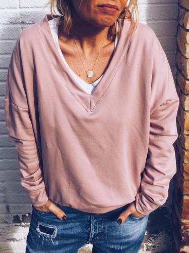 Plus Size Casual Long Sleeve Solid V Neck Tops