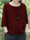 New Women Casual Loose Solid O-neck Shirt Half Sleeve Cotton Linen Top