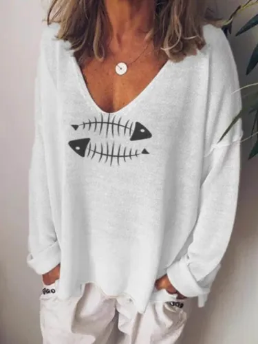 Cotton-Blend Casual V Neck Animal Shirts & Tops