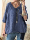 Half Sleeve V Neck Solid Casual Blouse