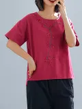 Plus Size  Women  Cotton   Embroidered  Short  Sleeves Round Neck   Casual  Tops