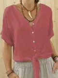 Plus Size Casual Solid V Neck Short Sleeve Shirts & Tops
