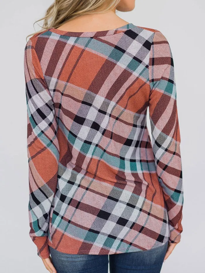 Women Paneled Long Sleeve Gingham T-Shirts