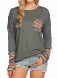 Women's Long Sleeve O-Neck Patchwork Casual Loose Blouse With Thumb Holes