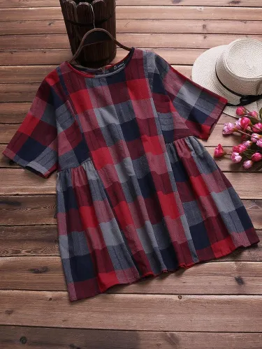 Plaid Crew Neck Casual Shirts & Tops