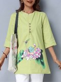 Plus Size Women Hand-painted V-neck Half Sleeves Midi Casual Tops