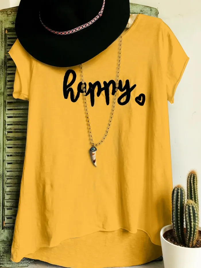 Plus Size Women Short Sleeve Happy Floral Casual Tops