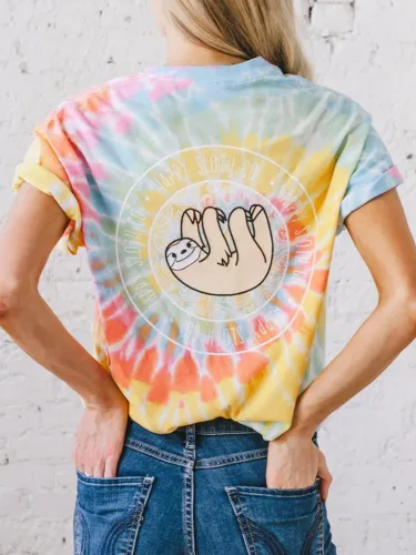 Plus Size Women Short Sleeve Round Neck Tie Dyeing Floral Casual Tops