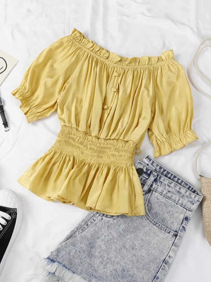 One-neck Off Shoulder Short Sleeve Pullover Solid Casual Tops