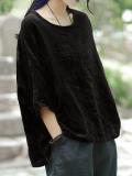 New Women Casual Loose Solid O-neck Shirt Half Sleeve Cotton Linen Top