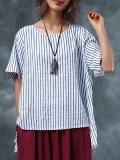 Plus Size Women Short Sleeves Round Neck Striped Loose Casual Tops
