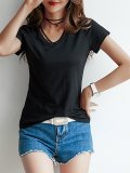 Plus Size  Loose  Solid   Cross V-neck Short Sleeve  Casual   T-shirt