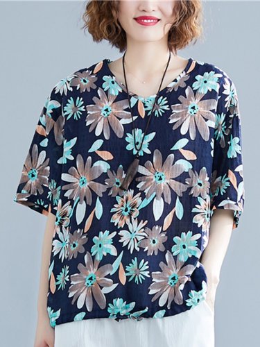 Plus Size Women Short Sleeve V Neck Vintage Floral Casual Tops