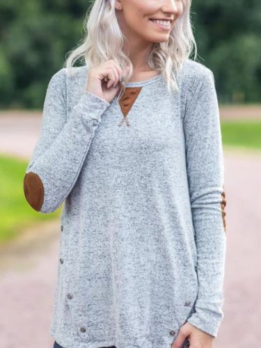 Solid Color Button Casual Round Neck T-shirt