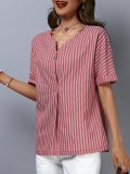 Plus Size Women Short Sleeve V-Neck Striped Casual Tops