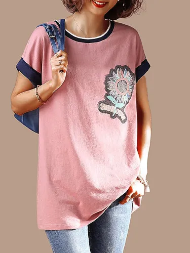 Plus Size Women Cotton Casual  Floral  Short Sleeved Loose Top