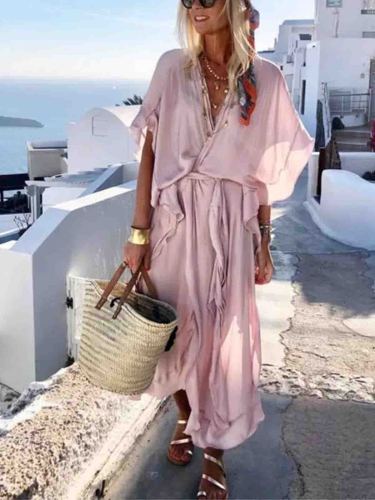 Women Summer Dress Daily Solid Pink Dress