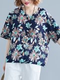 Plus Size Women Short Sleeve V Neck Vintage Floral Casual Tops