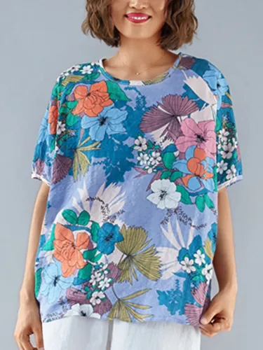 Plus Size Women Short Sleeve Round Neck Vintage Floral Casual Tops