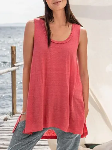 Watermelon Cotton-Blend Sleeveless Solid Shirts & Tops