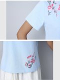 Plus Size Women Loose  V-neck Short Sleeve  Plant Flower Pattern Embroidered Casual Tops