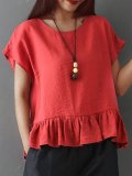 Plus Size Women Stitching Solid  Bat Sleeves Loose Cotton And Linen Casual Tops