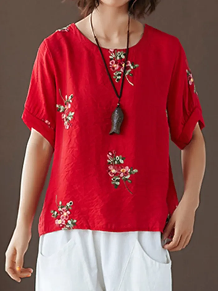 Women Short Sleeve Round Neck Vintage Embroidered Floral Casual Tops