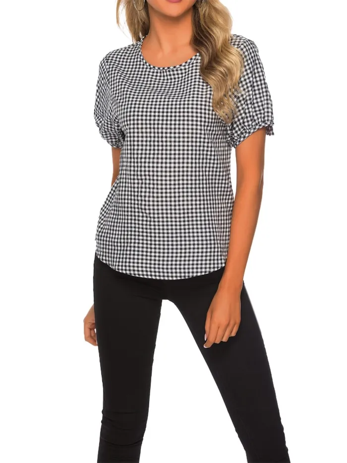 Women Bow Lantern Sleeve Round Neck Short Sleeve Plaid T-Shirt Top