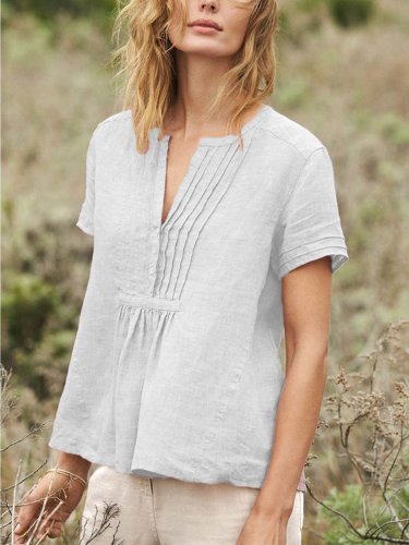 Cotton-Blend Short Sleeve Buttoned V Neck Shirts & Tops