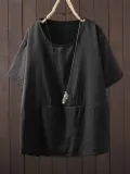 Short Sleeve Solid Round Neck Cotton-Blend Shirts & Tops