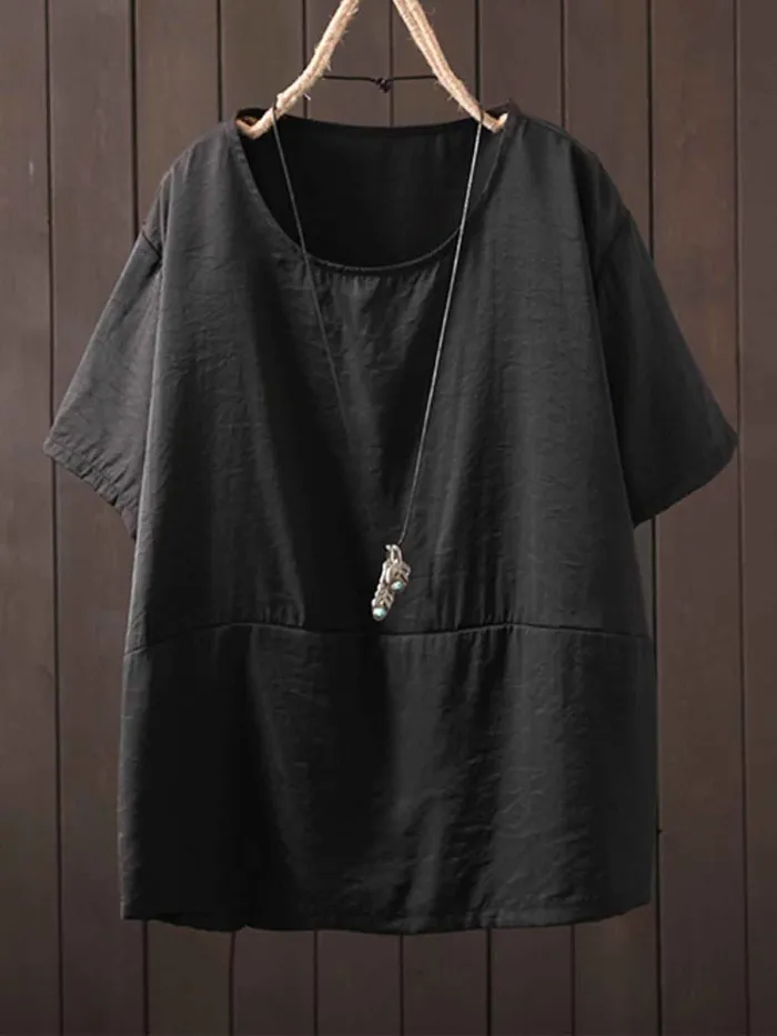 Short Sleeve Solid Round Neck Cotton-Blend Shirts & Tops