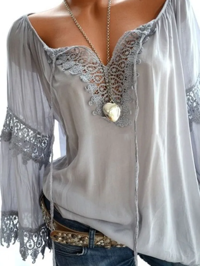 V Neck Casual Long Sleeve Cutout Paneled Lace Blouses