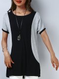 Plus Size Women Short  Sleeve  Round Neck  Black Stitching Gray  Casual  Tops