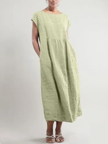Women Casual Dress Crew Neck Shift Daily Cotton Pockets Dresses