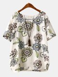 Embroidery Print Floral Short Sleeve Casual T-Shirt
