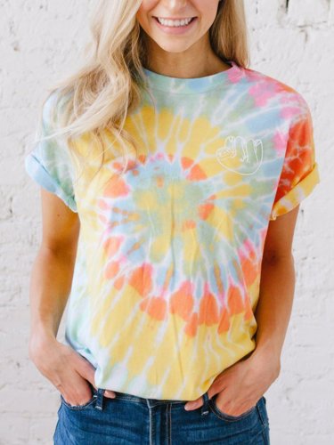 Plus Size Women Short Sleeve Round Neck Tie Dyeing Floral Casual Tops