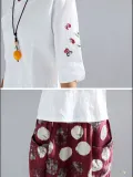 Plus Size Women Buckle 3/4 Sleeves  V-neck Loose Casual Cotton Tops