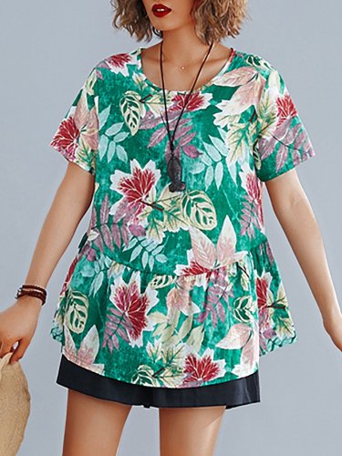 Plus Size Women Short  Sleeve  Round Neck   Leaf  Floral  Casual  Tops