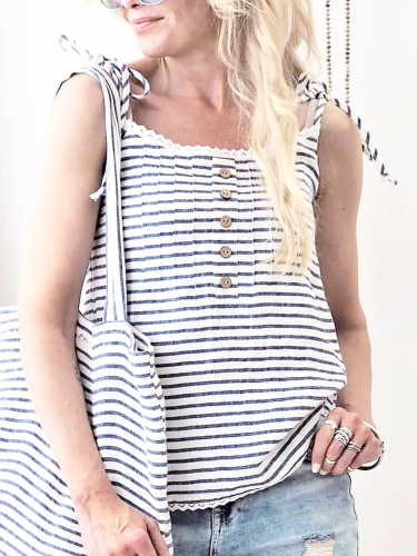 Striped Sleeveless Cotton-Blend Casual Shirts & Tops