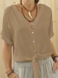 Plus Size Casual Solid V Neck Short Sleeve Shirts & Tops